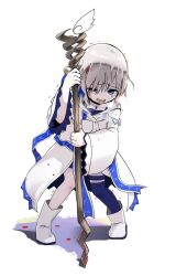 Rule 34 | 1girl, blood, blood from forehead, blood on clothes, blue eyes, boots, exhausted, full body, grey hair, hair over one eye, half-closed eye, highres, holding, holding staff, hooded kimono, injury, isuzu ren, japanese clothes, kimono, leaning on weapon, legs apart, long sleeves, looking at viewer, magia record: mahou shoujo madoka magica gaiden, magical girl, mahou shoujo madoka magica, open mouth, right-over-left kimono, samidare (hoshi), short hair, simple background, solo, staff, standing, trembling, turn pale, uneven eyes, white background, white boots, white kimono