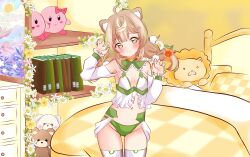 1girl animal_ears bed belly blush book breasts commission cupboard daisy_dandelion flat_chest flower green_panties highres idol_corp indoors knee_up knees_up looking_at_viewer navel nose panties pillow small_breasts smile solo standing stuffed_toy thighhighs thighs underwear virtual_youtuber
