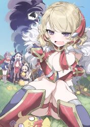 4girls absurdres areola_slip armor ayanami_(azur_lane) ayanami_(dynamic_kick!)_(azur_lane) azur_lane black_shorts blonde_hair blue_dress blue_sky blush breasts cleavage cloak commentary_request dress dutch_angle fang fantasy flat_chest gauntlets grass greaves high_ponytail highres javelin_(a_legend_is_born?!)_(azur_lane) javelin_(azur_lane) laffey_(azur_lane) laffey_(sleepageddon)_(azur_lane) large_breasts long_hair manjuu_(azur_lane) medium_hair multiple_girls navel official_alternate_costume orange_eyes outdoors paid_reward_available pelvic_curtain ponytail purple_eyes purple_hair red_eyes sandals shorts skin_fang sky spoken_squiggle squiggle stomach thigh_strap tiara torn_clothes urosu_(678_ner) wardrobe_malfunction white_hair z23_(azur_lane) z23_(upgrade_failure?!)_(azur_lane)