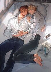 2boys arm_around_back barefoot belt black_pants blonde_hair brown_belt brown_hair chain chain_necklace cloud_strife collared_shirt couple feet_out_of_frame final_fantasy final_fantasy_vii final_fantasy_viii full_body gunblade highres holding_hands jewelry looking_at_another magazine_(object) male_focus multiple_boys necklace on_bed pants parted_bangs pillow scar scar_on_face scar_on_forehead shio_ga shirt short_hair spiked_hair squall_leonhart sunlight weapon white_shirt window yaoi