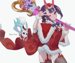 1girl absurdres alternate_costume animal breasts brown_thighhighs capelet club club_(weapon) covered_navel dress earrings eyeliner fate/grand_order fate_(series) fur-trimmed_capelet fur-trimmed_dress fur_trim haku_(fate) highres horns jewelry kanabou looking_at_viewer low_twintails makeup one_eye_closed oni pointy_ears purple_eyes purple_hair red_capelet red_dress sake_onicure santa_costume santa_dress short_dress short_hair short_twintails shuten_douji_(fate) shuten_douji_(fate/grand_order) shuten_douji_(halloween_caster)_(fate) skin-covered_horns small_breasts smile spiked_club thighhighs thighs twintails weapon