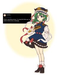 1girl belt blue_dress dress english_text expressionless frilled_hat frills full_body green_hair hat highres holding long_sleeves looking_at_viewer minnienish puffy_long_sleeves puffy_sleeves red_belt shiki_eiki short_hair solo touhou