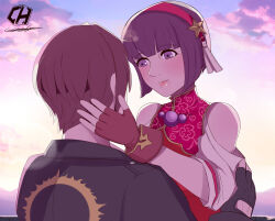 asamiya_athena brown_hair charlyarts dress fire_emblem fire_emblem:_three_houses girl_on_top gloves hair_ornament hairband highres holding_each_other idol kusanagi_kyou nintendo outdoors pale_skin purple_eyes purple_hair s_support short_hair sky snk star_(symbol) star_hair_ornament sun the_king_of_fighters the_king_of_fighters_xv
