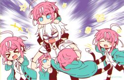 &gt;_&lt; +++ 6+boys :&gt; :d a-pose ahoge amemura_ramuda angry ankle_boots aohitsugi_samatoki arms_around_waist aura blank_eyes blue_coat blue_eyes blush_stickers boots capri_pants carrying clenched_hands clone closed_eyes coat collared_shirt commentary cowlick dark_aura deformed feet_out_of_frame flower_symbol glaring hair_between_eyes happy_aura heart_belt hood hooded_coat hug hugging_another&#039;s_leg hypnosis_mic jewelry legs_apart long_sleeves looking_at_another male_focus motion_lines multiple_boys necklace no_mouth open_mouth pants pink_hair raised_inner_eyebrows satsuki_suzuran shirt short_hair short_hair_with_long_locks short_sleeves shoulder_carry shouting smile spoilers star_(symbol) swept_bangs swinging_another turn_pale twitter_username unbuttoned v-shaped_eyebrows walking white_background white_hair white_shirt