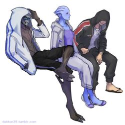 alien alternate_costume asari_(mass_effect) commander_shepard commander_shepard_(male) contemporary crossed_legs dakkun39 garrus_vakarian hood hoodie liara_t&#039;soni mass_effect_(series) n7_hoodie tumblr tumblr_username turian white_background