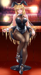 Rule 34 | 1girl, animal ears, bar (place), blonde hair, blush, breasts, chair, cleavage, collarbone, fake animal ears, fate testarossa, high heels, highleg, highleg leotard, highres, indoors, large breasts, legs, leotard, long hair, looking at viewer, lyrical nanoha, mahou shoujo lyrical nanoha, playboy bunny, rabbit ears, red eyes, sitting, smile, solo, sougetsu izuki, thighs
