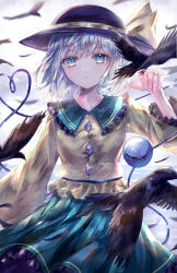 1girl absurdres animal animal_on_hand bird bird_on_hand black_bird black_hat blouse blue_eyes bow buttons commentary cowboy_shot crow diamond_button frilled_shirt_collar frilled_sleeves frills green_skirt grey_hair hat hat_bow hat_ribbon heart heart_of_string highres komeiji_koishi long_sleeves looking_at_viewer ribbon shirt short_hair skirt solo suzushina third_eye touhou wide_sleeves yellow_bow yellow_ribbon yellow_shirt
