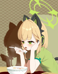 1girl absurdres alternate_costume alternate_hairstyle animal_ear_headphones animal_ears aris_(blue_archive) arms_on_table asymmetrical_sidelocks blonde_hair blue_archive blunt_bangs blush bowl braided_sidelock cat_ear_headphones cat_ears cat_tail character-themed_food china_dress chinese_clothes commentary doodle_sensei_(blue_archive) dress fake_animal_ears fake_tail food green_dress green_eyes green_halo halo headphones heart heart_in_eye highres holding holding_spoon jewelry low-tied_sidelocks marshal_(artist) medium_hair midori_(blue_archive) open_mouth saliva sensei_(blue_archive) shadow short_sleeves sidelocks solo spoon steam steaming_food symbol_in_eye tail tangyuan tongue tongue_out tucking_hair upper_body yuuka_(blue_archive) yuzu_(blue_archive)