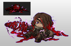 1boy boots brown_boots brown_coat brown_hair brown_pants chibi closed_mouth coat crying electricity eyepatch flaw_eight full_body heathcliff_(project_moon) holding holding_sword holding_weapon limbus_company long_hair lying male_focus on_back pants peccatulum_invidiae project_moon purple_eyes solo sword weapon wuthering_heights_(identity)_(project_moon)