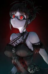 Rule 34 | 1girl, absurdres, akizuki ritsuko, antenna hair, bare shoulders, birthday, black-framed eyewear, black dress, breasts, brown hair, cleavage, closed mouth, commentary, dress, english commentary, folded ponytail, glasses, highres, hold111, idolmaster, idolmaster (classic), looking at viewer, red eyes, semi-rimless eyewear, skull ornament, solo, staring, under-rim eyewear, upper body