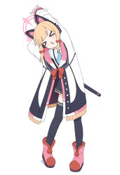 &gt;_&lt; 1girl :o absurdres ame_miya_ta animal_ear_headphones animal_ears arm_behind_head arm_up black_skirt black_thighhighs blonde_hair blue_archive blue_necktie blush bow cat_ear_headphones coat commentary_request fake_animal_ears full_body hair_bow headphones highres momoi_(blue_archive) necktie red_bow red_shoes shirt shoes simple_background skirt solo standing stretching thighhighs white_background white_shirt