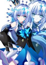 1girl blue_dress blue_eyes blue_hair breasts cerydra_(honkai:_star_rail) closed_mouth crown detached_sleeves dress hair_intakes hashtag-only_commentary highres honkai:_star_rail honkai_(series) long_hair looking_at_viewer mini_crown nypo_7 solo white_background zoom_layer