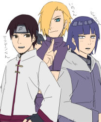 Rule 34 | 3boys, blonde hair, blue eyes, brown eyes, brown hair, chinese clothes, closed mouth, earrings, forehead protector, genderswap, genderswap (ftm), hair over one eye, hyuuga hinata, jacket, jewelry, kamosuke, konohagakure symbol, long sleeves, male focus, multiple boys, naruto (series), naruto shippuuden, ninja, open mouth, purple hair, purple jacket, short hair, simple background, tenten (naruto), white background, white eyes, yamanaka ino