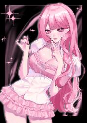 1girl absurdres aegyo_sal balletcore bead_necklace beads black_border border breasts cleavage commentary dress eyelashes fashion fingernails highres jewelry large_breasts long_fingernails long_hair looking_at_viewer luvxxe6 nail_art necklace original pink_dress pink_eyes pink_hair pink_theme ribbon solo standing symbol-only_commentary v very_long_hair white_ribbon