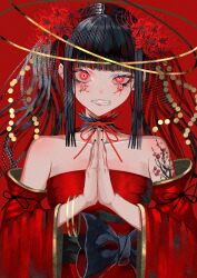 1girl absurdres black_bow black_hair black_nails blunt_bangs body_writing bow commentary_request detached_collar detached_sleeves dress flower halo highres japanese_clothes long_sleeves nail_polish nose original own_hands_together parted_lips praying red_background red_dress red_eyes shoulder_tattoo sidelocks smile solo spider_lily syakemayusan tattoo teeth twintails waist_bow wide_sleeves
