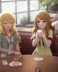 Rule 34 | ahoge, belt, blonde hair, booth seating, brown hair, buttons, card (medium), closed eyes, coaster, cup, denim, dress, drinking glass, drinking straw, fork, game cg, grin, holding, hoshii miki, idolmaster, idolmaster million live!, idolmaster million live! theater days, jacket, jewelry, leaf, miyao miya, necklace, official art, open mouth, plant, plate, potted plant, smile, table, thick eyebrows, window