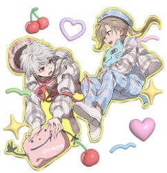 Rule 34 | 2boys, beret, blue eyes, blue pants, blue shirt, brown hair, ear piercing, earrings, fangs, floating, full body, grey hair, grey jacket, hat, highres, holding, holding stuffed toy, jacket, jewelry, kanae (nijisanji), kuzuha (nijisanji), loafers, long hair, looking at another, low ponytail, male focus, multiple boys, neckerchief, nijisanji, open mouth, outline, pants, piercing, pink pants, pink shirt, plaid clothes, plaid jacket, plaid pants, plaid shirt, pointy ears, ponytail, red eyes, red neckerchief, shirt, shoes, short hair, simple background, stuffed animal, stuffed cat, stuffed toy, twitter username, umapote, virtual youtuber, white background, yellow outline