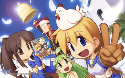 1boy 3girls :d ahoge alchemist_(ragnarok_online) animal animal_on_head bell bird bird_on_head black_coat blonde_hair blue_eyes blue_gloves blue_shirt blue_sky book breasts brown_cape brown_eyes brown_gloves brown_hair cape chest_guard chicken cigarette cleavage closed_mouth cloud coat copyright_notice day dress dutch_angle earrings elbow_gloves facial_hair fingerless_gloves flat_chest fur_collar gloves goatee gold_trim green_eyes green_hair headband high_ponytail highres holding holding_book jewelry large_breasts lif_(ragnarok_online) logo long_hair long_sleeves looking_at_viewer meta multicolored_coat multiple_girls novice_(ragnarok_online) official_art official_wallpaper on_head open_mouth outdoors palm_tree ponytail priest_(ragnarok_online) ragnarok_online red_coat red_hair shirt short_hair sky smile spiked_hair strapless strapless_dress tree two-tone_coat upper_body v white_headband yuichirou