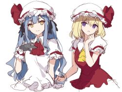 2girls alternate_eye_color alternate_hair_length alternate_hairstyle ascot black_gloves blonde_hair blue_eyes bow closed_mouth collared_shirt commentary_request cropped_torso flandre_scarlet gloves hat ideolo lace lace_gloves long_hair looking_at_viewer mob_cap multiple_girls puffy_short_sleeves puffy_sleeves purple_eyes red_ascot red_bow red_skirt red_vest remilia_scarlet shirt short_hair short_sleeves siblings simple_background sisters sketch skirt smile touhou upper_body very_long_hair vest white_background white_hat white_shirt yellow_ascot yellow_eyes