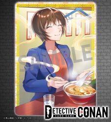 Rule 34 | 1girl, ^ ^, blue jacket, brown hair, card (medium), chinese spoon, chopsticks, closed eyes, closed mouth, clothes hanger, collarbone, copyright logo, copyright notice, crossed bangs, cup, drinking glass, eating, food, half-split chopsticks, highres, holding, holding chopsticks, holding spoon, indoors, jacket, long sleeves, meandros, meitantei conan, menma, mochidart, noodles, nori (seaweed), official art, open clothes, open jacket, ramen, red shirt, satou miwako, shirt, short hair, softboiled egg, solo, spoon, steam, watermark