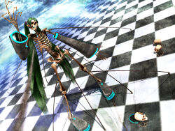 1girl 2009 3d bone checkered_floor deino_(deino3330) detached_sleeves dutch_angle green_hair hatsune_miku leg_warmers long_fingers long_hair pelvis reflective_floor skeleton skull solo spine twintails very_long_hair