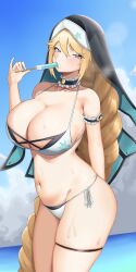 1girl absurdres bare_shoulders bikini blonde_hair blue_eyes bluepaint blush braid breasts food food_in_mouth goddess_of_victory:_nikke highres holding holding_food holding_popsicle large_breasts looking_at_viewer navel nun outdoors ponytail popsicle popsicle_in_mouth rapunzel_(nikke) sexually_suggestive solo swimsuit thigh_strap veil white_bikini