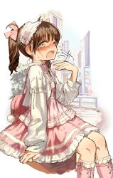 1girl absurdres backpack bag blush blush_stickers bow brown_hair cropped_jacket dress fanning_self frilled_dress frilled_socks frills hair_bow hairband highres hot invisible_chair jacket kneehighs lolita_fashion lolita_hairband looking_at_viewer medium_hair one_eye_closed original oyasumi_guu_guu pink_bag pink_bow pink_dress pink_socks sitting socks solo sweat twintails white_jacket yellow_eyes