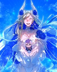 1girl :3 bikini black_pants black_shirt blue_background blue_eyes blue_flower blue_hair blue_petals blue_rose blue_theme blush breasts brynhild_(fate) brynhild_(swimsuit_berserker)_(third_ascension)_(fate) cape chibi cleavage colored_inner_hair cross-laced_bikini cross-laced_clothes fate/grand_order fate_(series) floating_hair flower glasses hair_ornament heart highres kashia long_hair long_sideburns multicolored_hair open_mouth pants purple_cape rose shirt sideburns sigurd_(fate) smile spiked_hair stuffed_toy swimsuit teeth two-tone_hair upper_teeth_only veil white_bikini white_hair white_veil wing_ornament wrist_cuffs