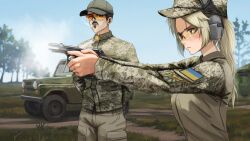 1boy 1girl aiming ammunition arm_behind_back army baseball_cap beretta_92 blonde_hair blue_eyes blue_sky breasts bullet camouflage camouflaged_object car casing_ejection commission dgkamikaze ear_protection face_shield firing freckles from_side grass gun handgun handgun_cartridge hat highres holding holding_gun holding_weapon jacket lips long_hair long_sleeves looking_at_another looking_to_the_side messy_hair military military_fatigues military_hat military_jeep military_patch military_uniform military_vehicle mm14 motor_vehicle muzzle_flash olena_bozhuk original outdoors parted_bangs parted_lips reloading russo-ukrainian_war scenery second-party_source shell shell_casing sky smoke smoking smoking_barrel soldier tree ukraine ukrainian_air_force ukrainian_flag war weapon
