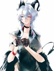 1girl alternate_costume arm_strap black_choker black_dress black_gloves black_horns black_tail breasts choker chromatic_aberration collarbone commentary cowboy_shot curled_horns demon_tail dress earrings english_commentary gloves grey_hair hair_between_eyes heavy_chromatic_aberration highres horns jewelry kaburagon key_earrings large_breasts long_hair looking_at_viewer mole mole_under_eye multicolored_hair red_eyes simple_background solo streaked_hair tail wuthering_waves zani_(wuthering_waves)