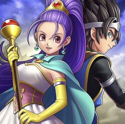 Rule 34 | 1boy, 1girl, aqua cape, aqua eyes, armlet, artist request, back-to-back, black bodysuit, black hair, blue tabard, bodysuit, brown gloves, cape, circlet, commentary, corset, dragon quest, dragon quest rivals, dragon quest xi, dress, dust, earrings, elbow gloves, english commentary, floating clothes, floating hair, game cg, gem, gloves, gold trim, green gemstone, hair pulled back, high ponytail, holding, holding staff, holding weapon, jewelry, looking at another, looking back, looking to the side, mage staff, mountainous horizon, official art, open mouth, outdoors, pink corset, pink eyes, ponytail, profile, purple hair, red gemstone, resized, roche (dq11), senica (dq11), silver armlet, silver circlet, smile, sphere earrings, spiked hair, staff, strapless, strapless dress, tabard, third-party source, upper body, upscaled, weapon, white dress, yellow gloves