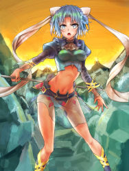 10s 1girl blue_eyes blue_hair braid breasts ascot frills highres ice ludmila_lourie madan_no_ou_to_vanadis navel open_mouth panties polearm ribbon see-through_clothes shoes short_hair skirt spear underwear weapon