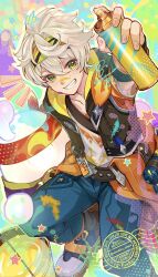 1boy absurdres belt bennett_(adventures_in_blazing_hue)_(genshin_impact) bennett_(genshin_impact) blue_pants boots fingerless_gloves genshin_impact gloves green_eyes grin headband highres holding holding_spray_can looking_at_viewer male_focus misoshiru_umai4 paint_can paint_splatter paint_splatter_on_face pants short_sleeves signature smile solo spray_can star_(symbol) twitter_username white_hair