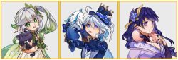 3girls ahoge animal animal_on_shoulder animalization asymmetrical_gloves blue_eyes blue_gloves blue_hair blue_hat blue_jacket blue_sleeve_cuffs blue_sleeves blunt_bangs blush border bracelet breasts bridal_gauntlets cape cat cleavage cowlick cross-shaped_pupils dress drop-shaped_pupils eyelash_ornament eyelashes fan_hair_ornament flower furina_(genshin_impact) genshin_impact gloves gold gold_trim green_cape green_eyes green_hair hair_between_eyes hair_flower hair_intakes hair_ornament half_crown_braid half_gloves hat headpat heterochromia hime_cut holding holding_animal holding_cat jacket japanese_clothes jewelry kimono lapels leaf leaf_hair_ornament leisurely_otter_(genshin_impact) long_hair long_sleeves looking_at_animal looking_to_the_side looking_up mini_hat mini_top_hat mismatched_gloves mismatched_pupils multicolored_hair multiple_girls nahida_(genshin_impact) open_clothes open_jacket open_mouth otter pink_eyes pink_fox pointy_ears purple_bridal_gauntlets purple_cat purple_flower purple_hair purple_kimono purple_shrug purple_sleeves raiden_shogun red_ribbon ribbon scaramouche_(cat)_(genshin_impact) scaramouche_(genshin_impact) shrug_(clothing) side_ponytail sidelocks soulc1ty streaked_hair suit_jacket symbol-shaped_pupils tassel tassel_hair_ornament teeth top_hat upper_teeth_only vest white_background white_dress white_gloves white_hair white_vest yae_miko yae_miko_(fox) yellow_border