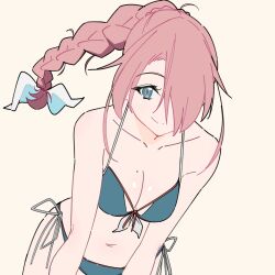 1girl bikini blue_bikini blue_eyes braid breasts cleavage closed_mouth commentary_request hair_over_one_eye hair_ribbon highres kamotsu large_breasts leaning_forward long_hair looking_at_viewer mole mole_on_breast original red_hair ribbon side-tie_bikini_bottom simple_background single_braid solo swimsuit white_ribbon yellow_background