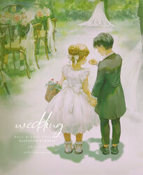 1boy 1girl 3others artist_name basket black_coat black_hair black_pants black_shoes black_suit bow brown_hair chair child coat commentary couple dated dress english_commentary english_text epcat flower formal_clothes from_behind full_body hair_bow hair_bun hetero holding holding_basket holding_hands long_hair long_sleeves multiple_others original pants shadow shoes short_hair sleeveless sleeveless_dress standing suit watermark web_address wedding white_bow white_dress white_shoes
