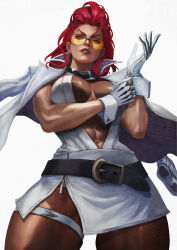 Rule 34 | 1girl, absurdres, adjusting clothes, adjusting gloves, belt, commentary, cowboy shot, crimson viper, dark-skinned female, dark skin, english commentary, from below, gloves, highres, jacket, jacket on shoulders, monori rogue, open clothes, open jacket, orange-tinted eyewear, red hair, simple background, solo, standing, street fighter, street fighter 6, thick thighs, thigh strap, thighs, tinted eyewear, toned, toned female, white background, white gloves