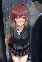 1boy 1girl arms_behind_back bag blush breasts business_suit cleavage collarbone collared_shirt diagonal-striped_clothes diagonal-striped_necktie formal_clothes grey_skirt grey_sweater hair_between_eyes highres idolmaster idolmaster_shiny_colors long_hair long_sleeves looking_at_another necktie open_mouth osaki_amana plaid_clothes plaid_skirt pleated_skirt producer_(idolmaster) rain red_hair school_bag shingi_(truth_fakesingi) shirt skirt standing striped_clothes striped_necktie suit sweater swept_bangs wet wet_clothes wet_hair white_shirt yellow_eyes