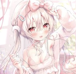 1girl :d amedamacon arm_up bare_shoulders blurry blurry_background blush bow braid breasts collarbone commentary_request day depth_of_field fur-trimmed_jacket fur_trim grey_hair hair_between_eyes hairband highres indoors jacket long_hair long_sleeves looking_at_viewer low_twintails nail_polish off_shoulder open_clothes open_jacket open_mouth original pink_bow pink_hairband pink_nails puffy_long_sleeves puffy_sleeves red_eyes sleeves_past_wrists small_breasts smile solo strap_pull twintails upper_body very_long_hair white_jacket window