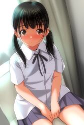 1girl absurdres black_hair black_ribbon blush brown_eyes chair collared_shirt commentary_request curtains highres long_hair low_twintails matsunaga_kouyou neck_ribbon nose_blush original pleated_skirt ribbon school_uniform shirt short_sleeves sitting skirt solo twintails white_shirt window