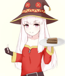 Rule 34 | 1girl, black gloves, cake, chirun0, closed mouth, cosplay, female focus, fingerless gloves, fire emblem, fire emblem: three houses, food, food on face, gloves, hat, holding, holding plate, kono subarashii sekai ni shukufuku wo!, long hair, long sleeves, lysithea von ordelia, megumin, megumin (cosplay), nintendo, pink eyes, plate, simple background, smile, solo, thumbs up, upper body, white background, white hair, witch hat