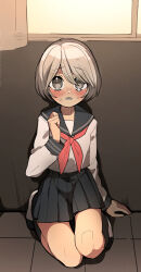 1boy black_skirt black_socks blush classroom crossdressing curtains grey_eyes highres initsukkii male_focus miniskirt nervous_sweating original pleated_skirt red_ribbon ribbon school_uniform serafuku sitting skirt socks solo sweat trap white_hair window