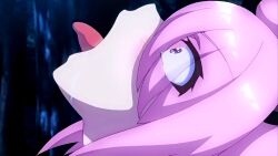 anime_screenshot bakedanuki_(hyakkiya_tantei_jimusho) eye_visible_through_hair forest karada_de_kaiketsu_hyakkiya_tantei_jimusho nature open_mouth pink_eyes pink_hair saliva tongue tongue_out