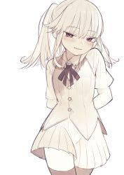 1girl absurdres arms_behind_back blush collared_shirt commission copyright_request female_focus highres looking_at_viewer miniskirt monochrome riuichi sepia shirt simple_background skirt solo thighhighs vest waistcoat white_background