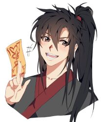 Rule 34 | +++, 1boy, :d, between fingers, black hair, black hanfu, blush, brown eyes, chinese clothes, hair between eyes, hair tie, hand up, hanfu, high ponytail, highres, holding, holding ofuda, jujeop, korean commentary, long hair, looking at viewer, male focus, modao zushi, ofuda, ofuda between fingers, open mouth, ponytail, sidelocks, simple background, smile, solo, talisman, teeth, upper body, wei wuxian, white background