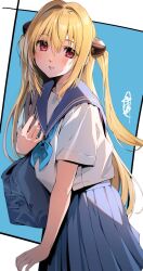 1girl alternate_costume bag blonde_hair blue_sailor_collar blue_skirt blush hair_between_eyes highres konjiki_no_yami long_hair looking_at_viewer nakano_maru parted_lips red_eyes sailor_collar school_bag school_uniform serafuku skirt solo to_love-ru to_love-ru_darkness two_side_up very_long_hair