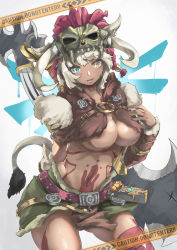 animal_ears animal_skull areola_slip arm_behind_back warrior_of_light_(ff14) barbarian_set_(zelda) belt blue_eyes bracer breasts cat_ears cat_girl cat_tail caution cowboy_shot crop_top dark-skinned_female dark_skin facial_mark fictional_persona final_fantasy final_fantasy_xiv gluteal_fold grey_hair hand_up heterochromia highres horns large_breasts leaning_to_the_side looking_at_viewer medium_hair midriff miqo&#039;te navel nintendo open_mouth sign skull smile stomach tail the_legend_of_zelda the_legend_of_zelda:_breath_of_the_wild underboob warning_sign weapon weapon_on_back whisker_markings xun_li_eins yellow_eyes