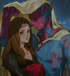 1boy 1girl animification arm_up black_dress blue_bodysuit blue_eyes blue_skin blush bodysuit breasts brown_hair cape closed_mouth colored_skin commentary dress gem highres jewelry lips long_hair long_sleeves looking_at_another marvel marvel_cinematic_universe medium_breasts multicolored_skin necklace night outdoors qin_(7833198) rain red_gemstone red_skin standing symbol-only_commentary teeth vision_(marvel) wanda_maximoff wet yellow_cape