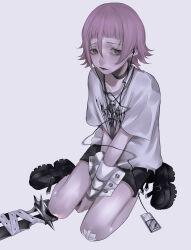 Rule 34 | absurdres, bags under eyes, between legs, black choker, black shoes, black shorts, chain, chain necklace, choker, commentary, crona (soul eater), digital media player, earbuds, earphones, full body, gauze on knee, grey background, grey eyes, hair between eyes, hand between legs, highres, ipod, jewelry, mano aaa, necklace, pink hair, ringed eyes, seiza, shirt, shoes, short hair, short sleeves, shorts, simple background, sitting, skull necklace, solo, soul eater, sword, t-shirt, weapon, white shirt, wrist cuffs