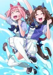Rule 34 | 2girls, :d, absurdres, animal ears, blue background, bow, bowtie, brown hair, brown shoes, closed eyes, commentary request, dress, ear covers, ear ribbon, freely2327, frilled dress, frills, full body, hair between eyes, hairband, haru urara (umamusume), highres, horse ears, horse girl, horse tail, jumping, king halo (umamusume), light blush, loafers, long hair, multiple girls, open mouth, pink hair, pink hairband, pleated dress, purple bow, purple bowtie, purple dress, sailor collar, school uniform, shoes, sidelocks, smile, tail, tail bow, tail ornament, teeth, thighhighs, tracen school uniform, two-tone dress, umamusume, upper teeth only, water, white dress, white sailor collar, white thighhighs